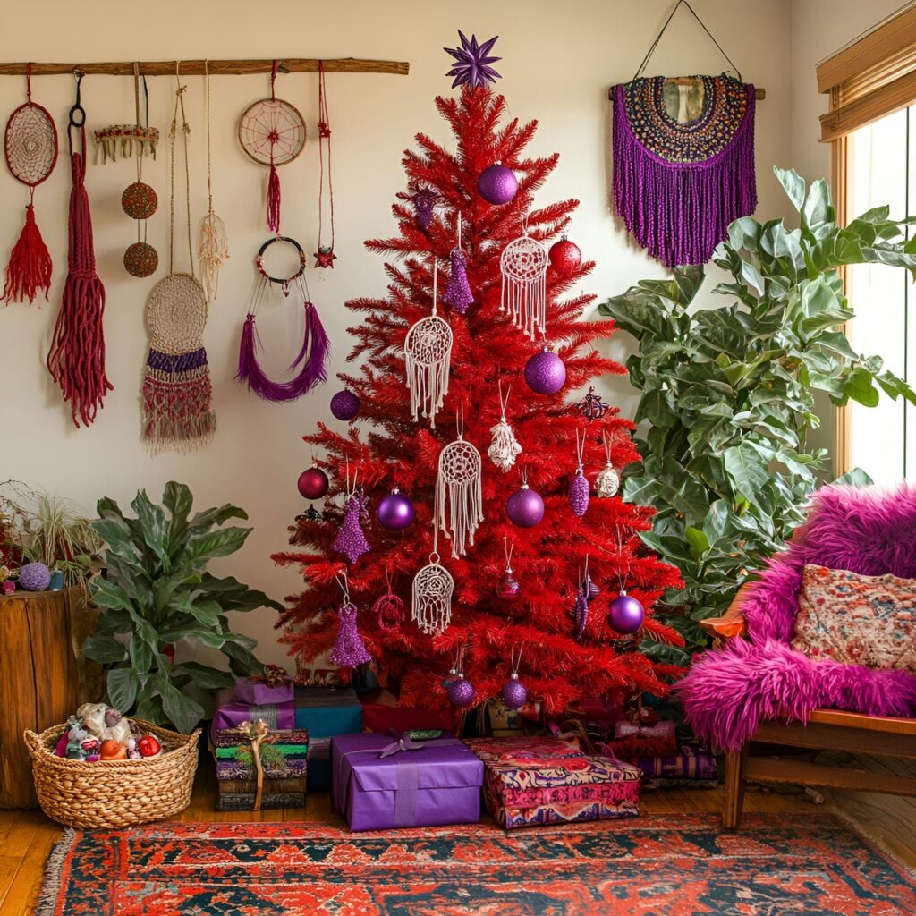 12. Red and Purple Bohemian Dreamcatcher Tree with Macramé Décor