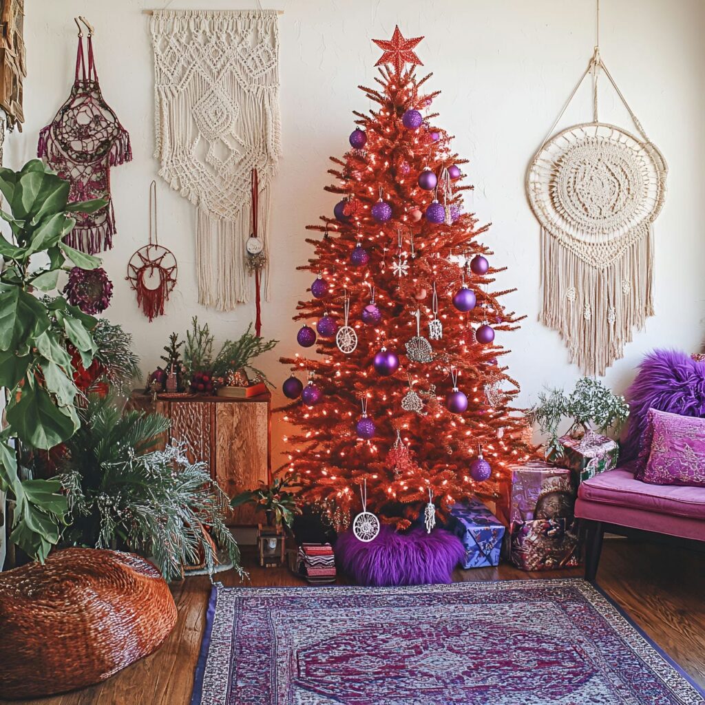 12. Red and Purple Bohemian Dreamcatcher Tree with Macramé Décor