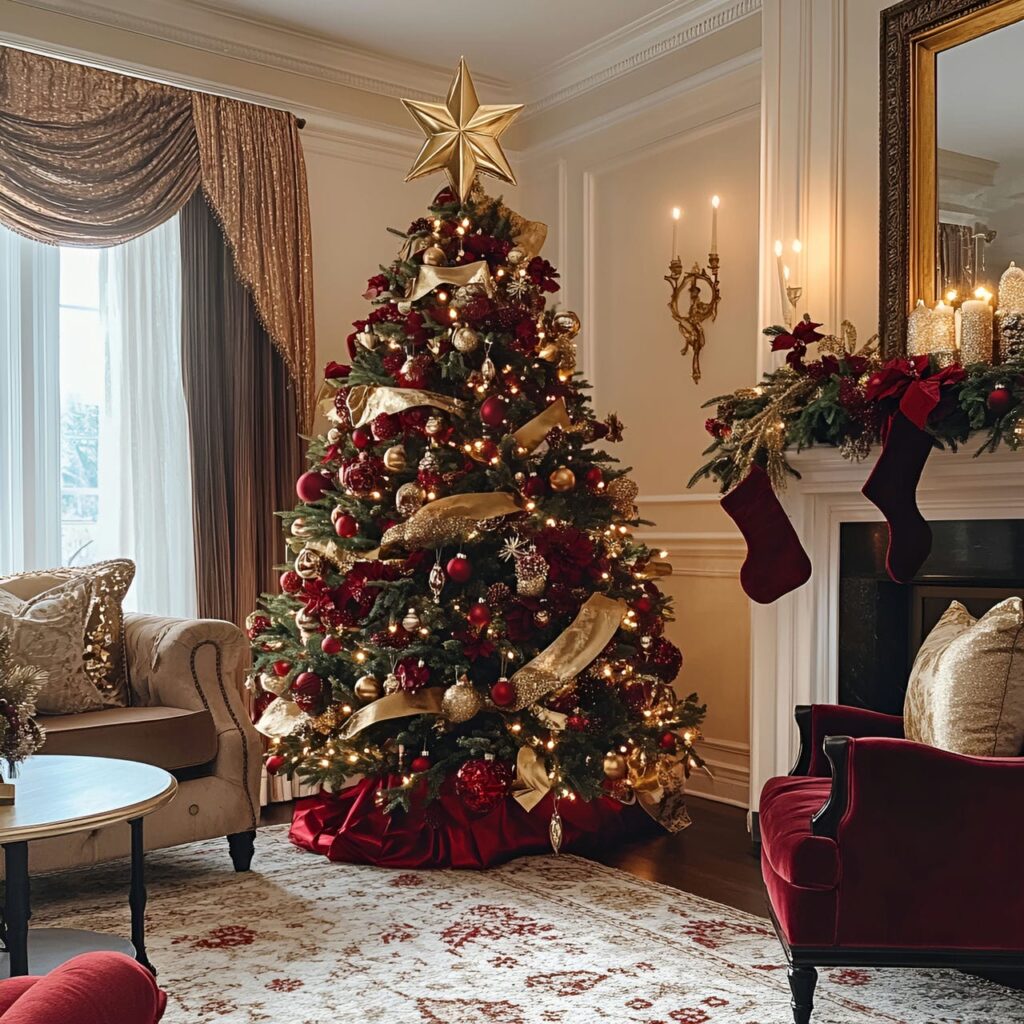 08. Red and Gold Regal Christmas Tree with Velvet Garlands