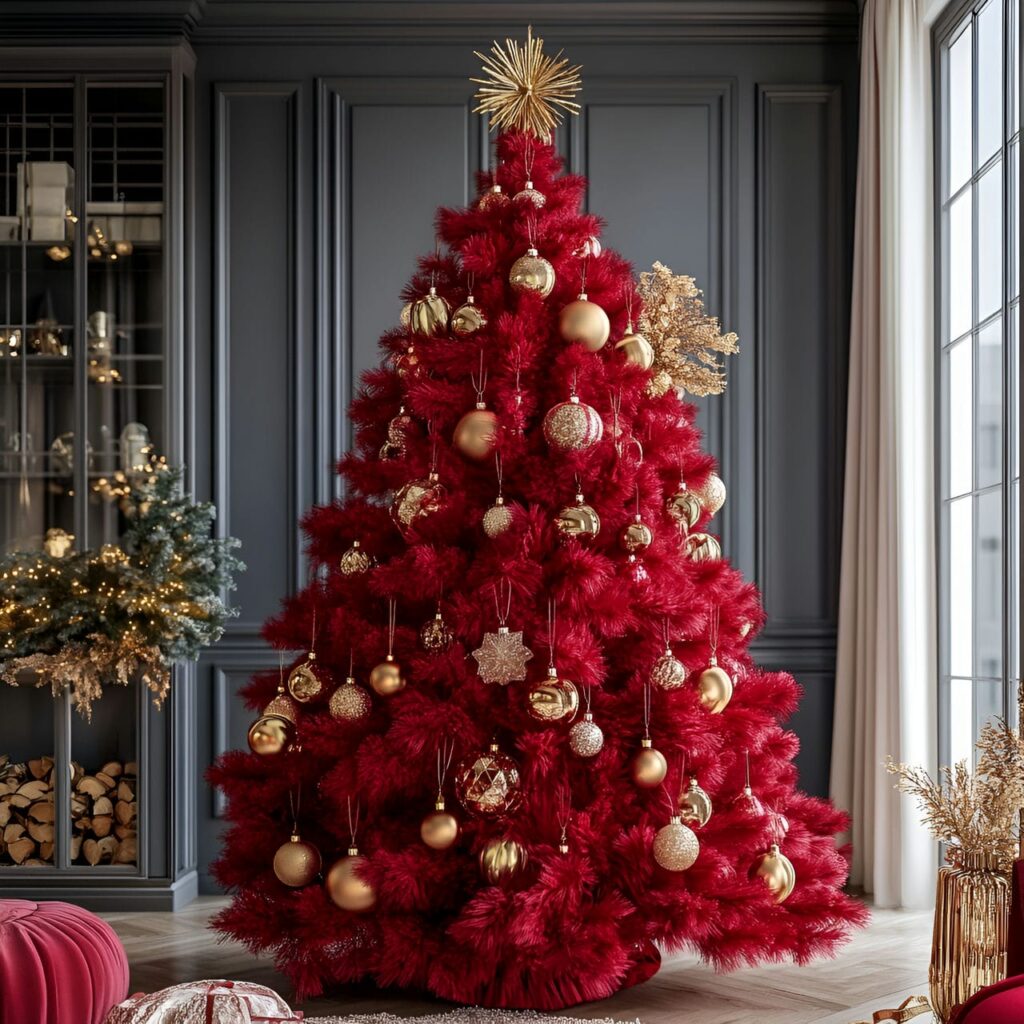 08. Red and Gold Regal Christmas Tree with Velvet Garlands