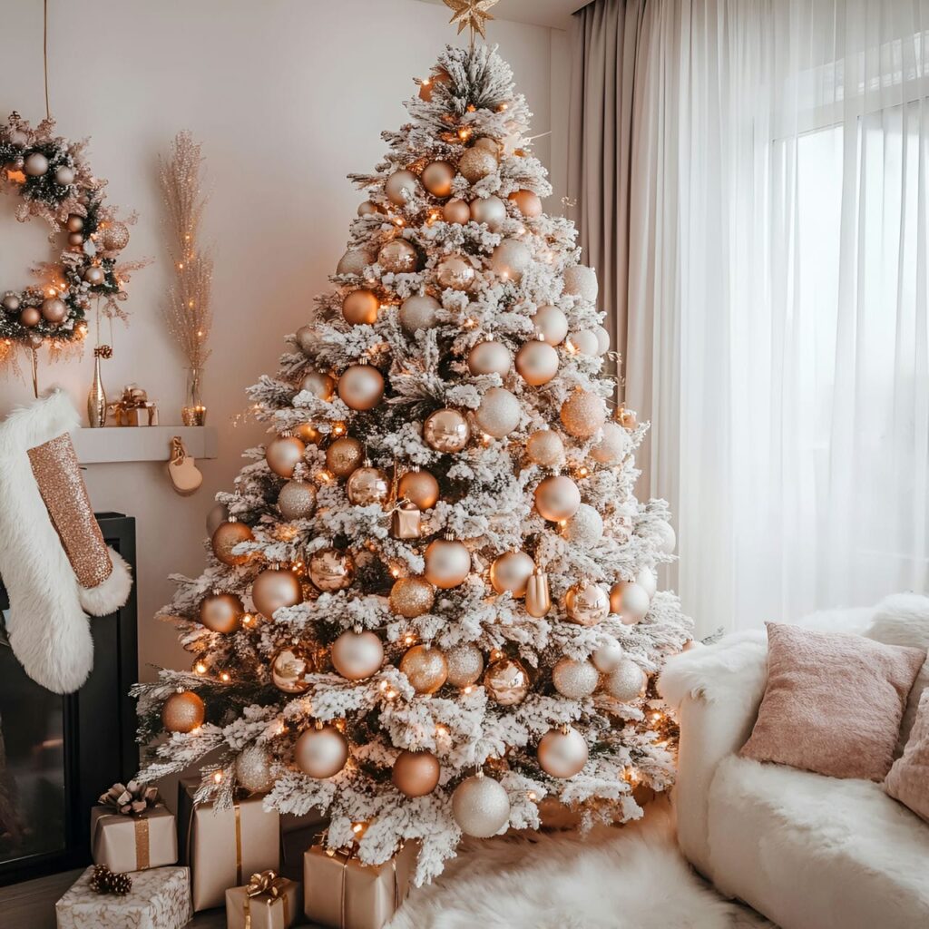 08. Rose Gold Glam Christmas Tree with Soft Hues