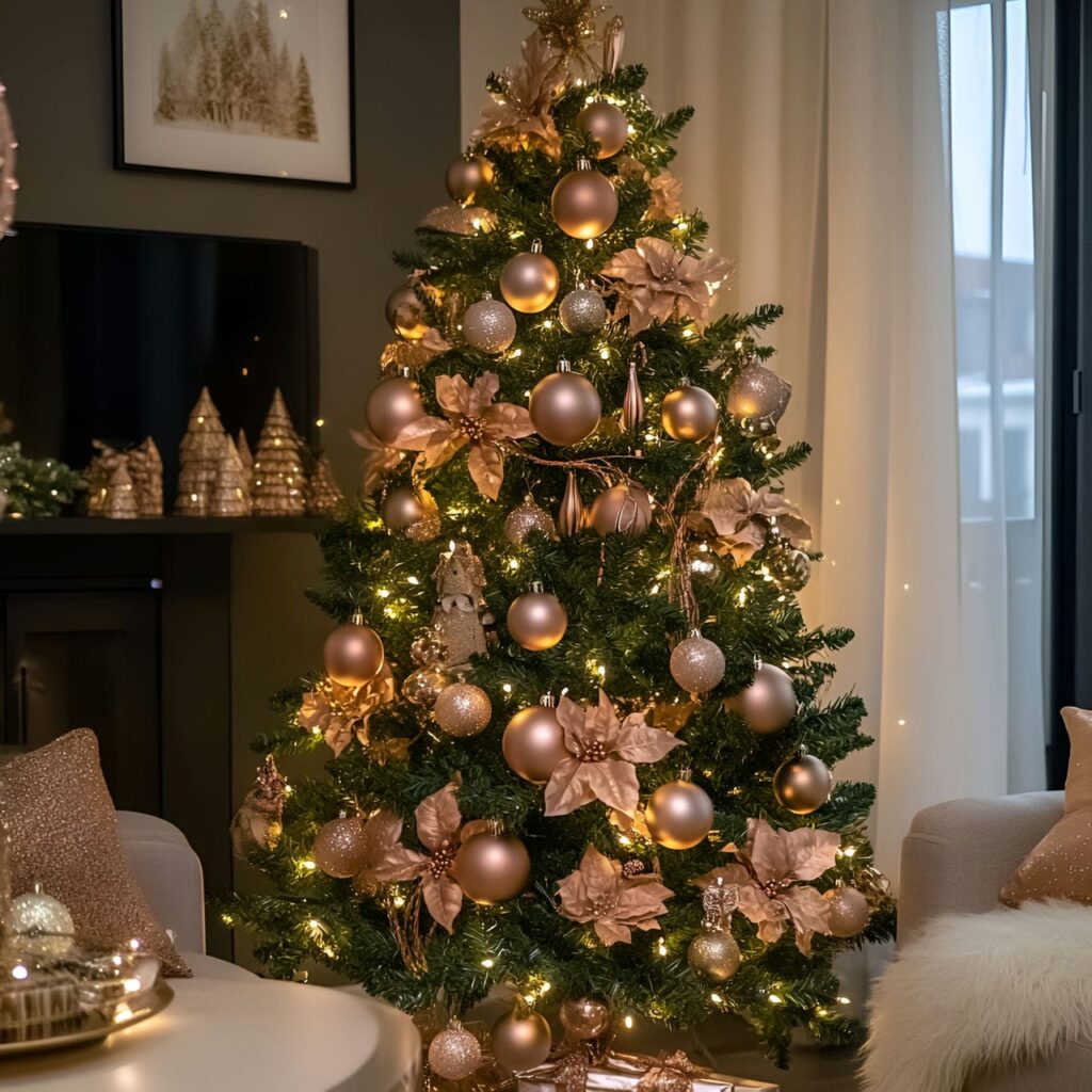 08. Rose Gold Glam Christmas Tree with Soft Hues