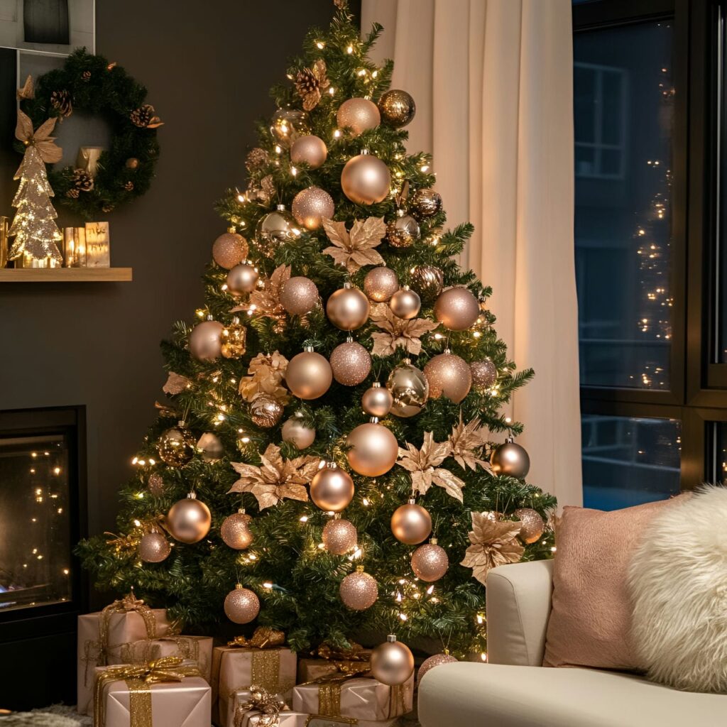 08. Rose Gold Glam Christmas Tree with Soft Hues