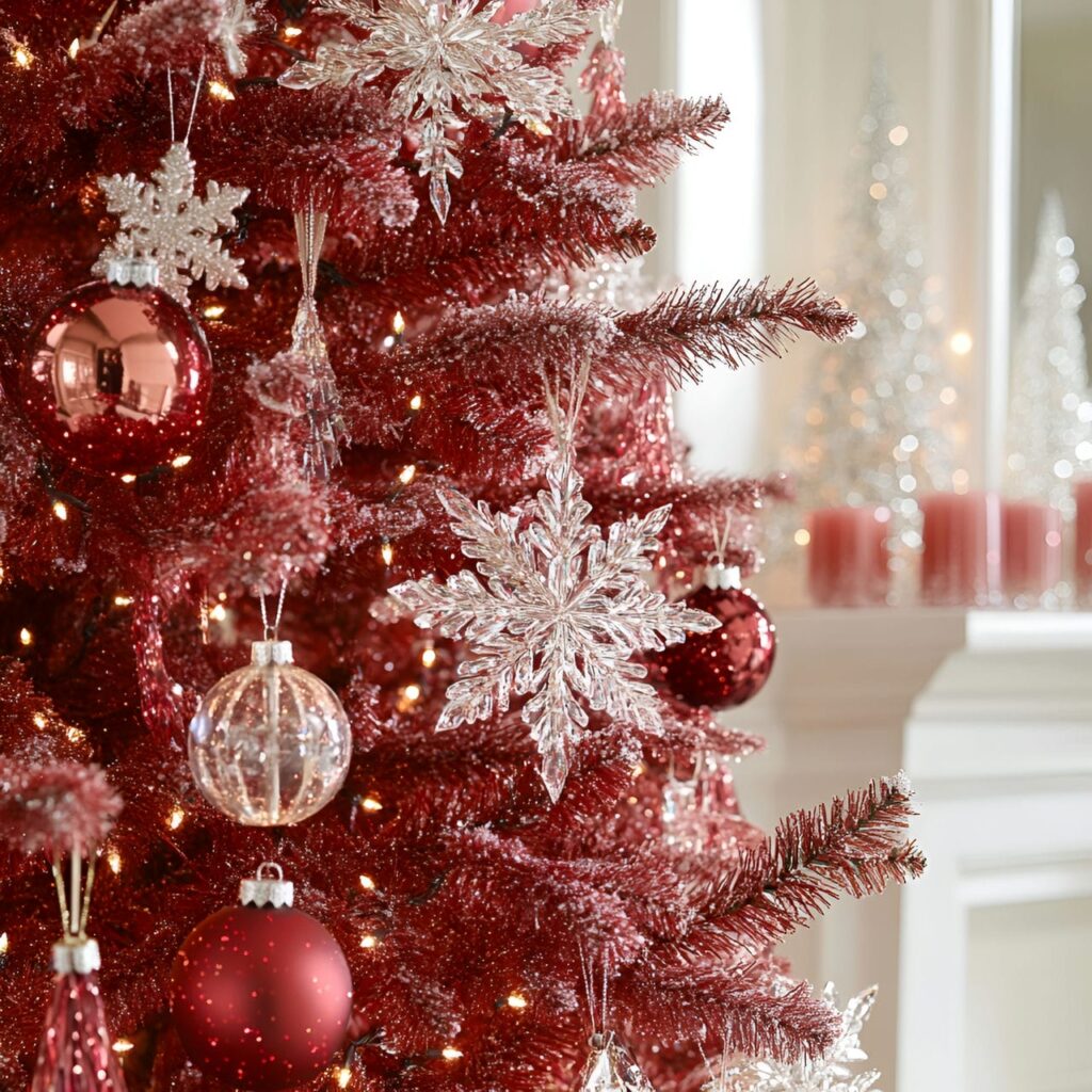 20. Red Christmas Tree with Elegant Crystal Touches and Snowflakes