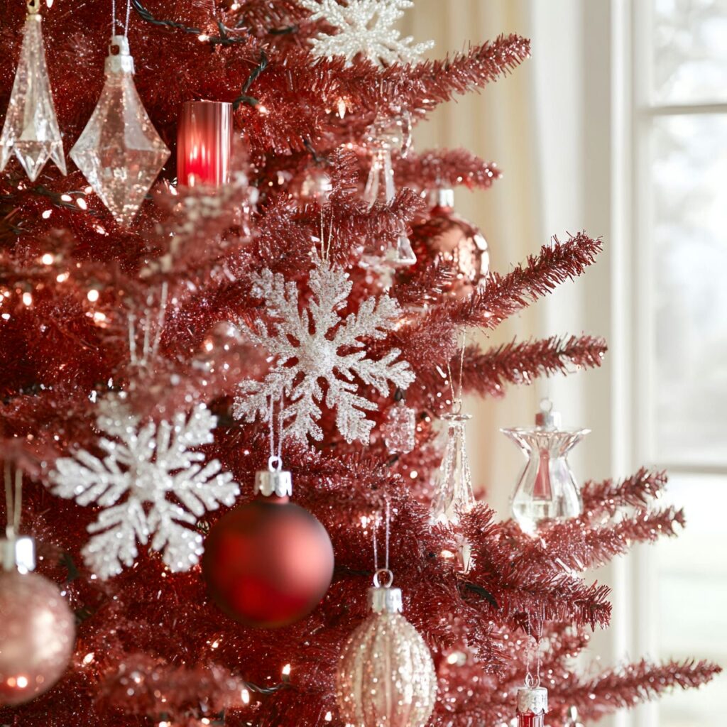 20. Red Christmas Tree with Elegant Crystal Touches and Snowflakes