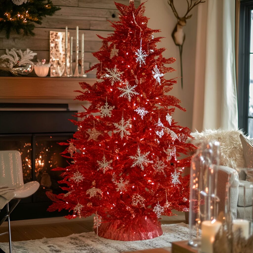 20. Red Christmas Tree with Elegant Crystal Touches and Snowflakes