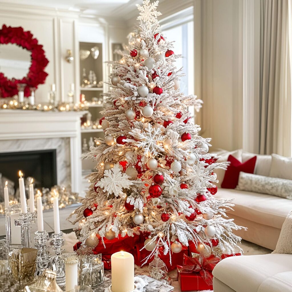 20. Red Christmas Tree with Elegant Crystal Touches and Snowflakes