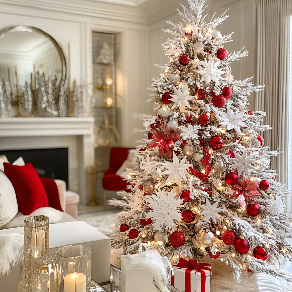 20. Red Christmas Tree with Elegant Crystal Touches and Snowflakes