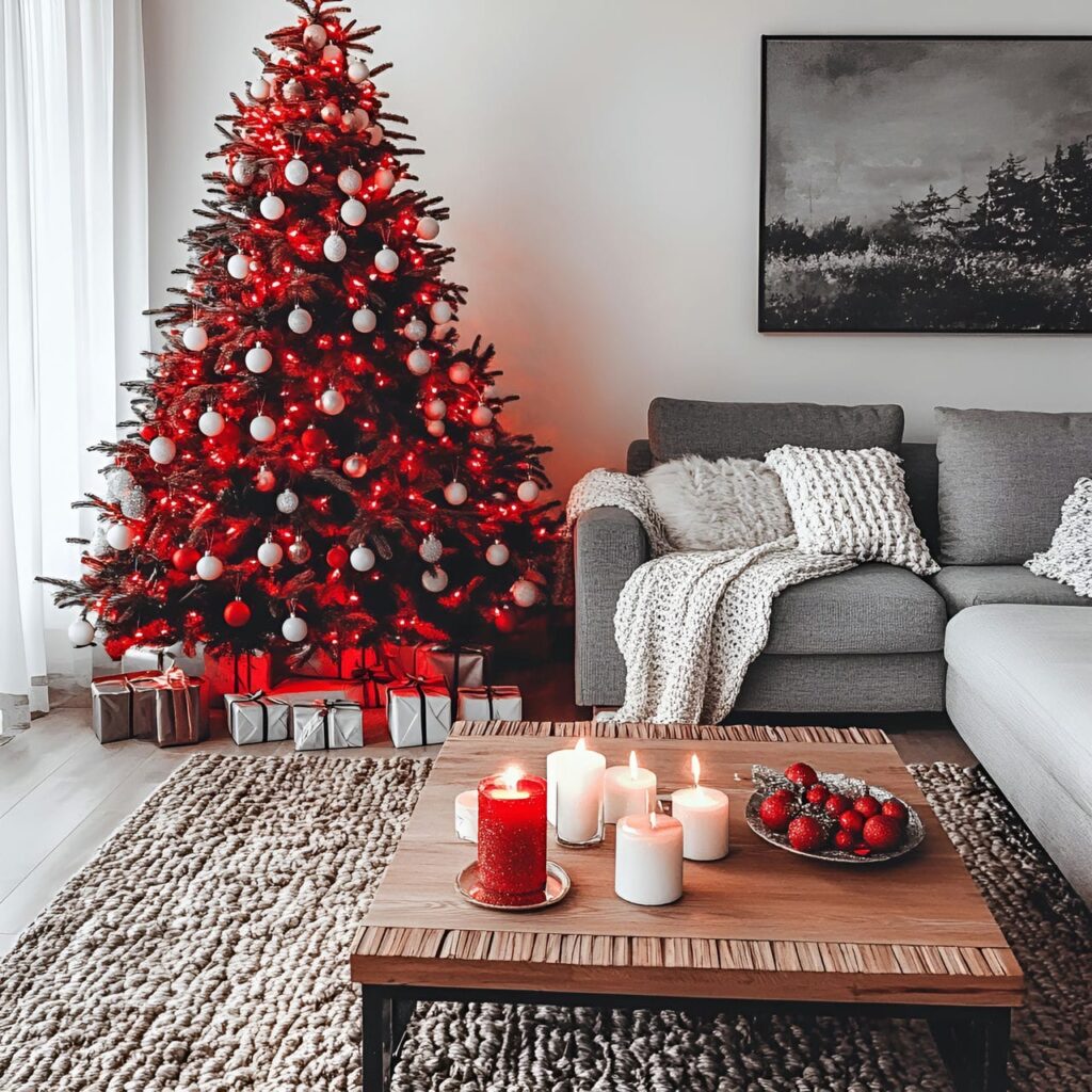 04. Scandinavian Red Tree with White Ornaments and Candles