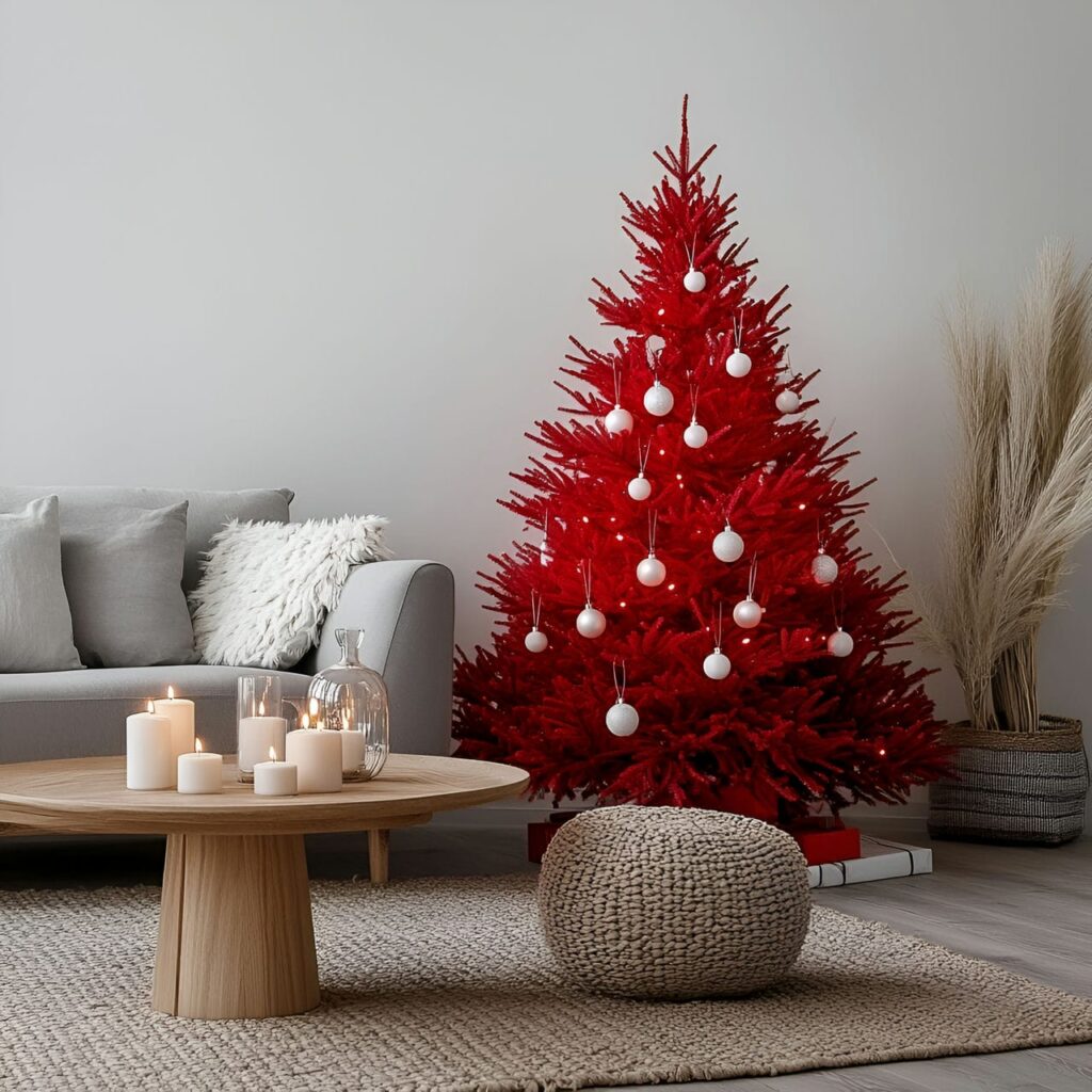 04. Scandinavian Red Tree with White Ornaments and Candles