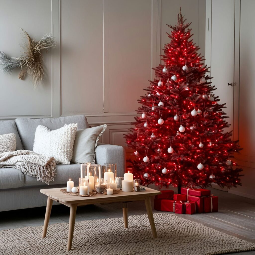 04. Scandinavian Red Tree with White Ornaments and Candles