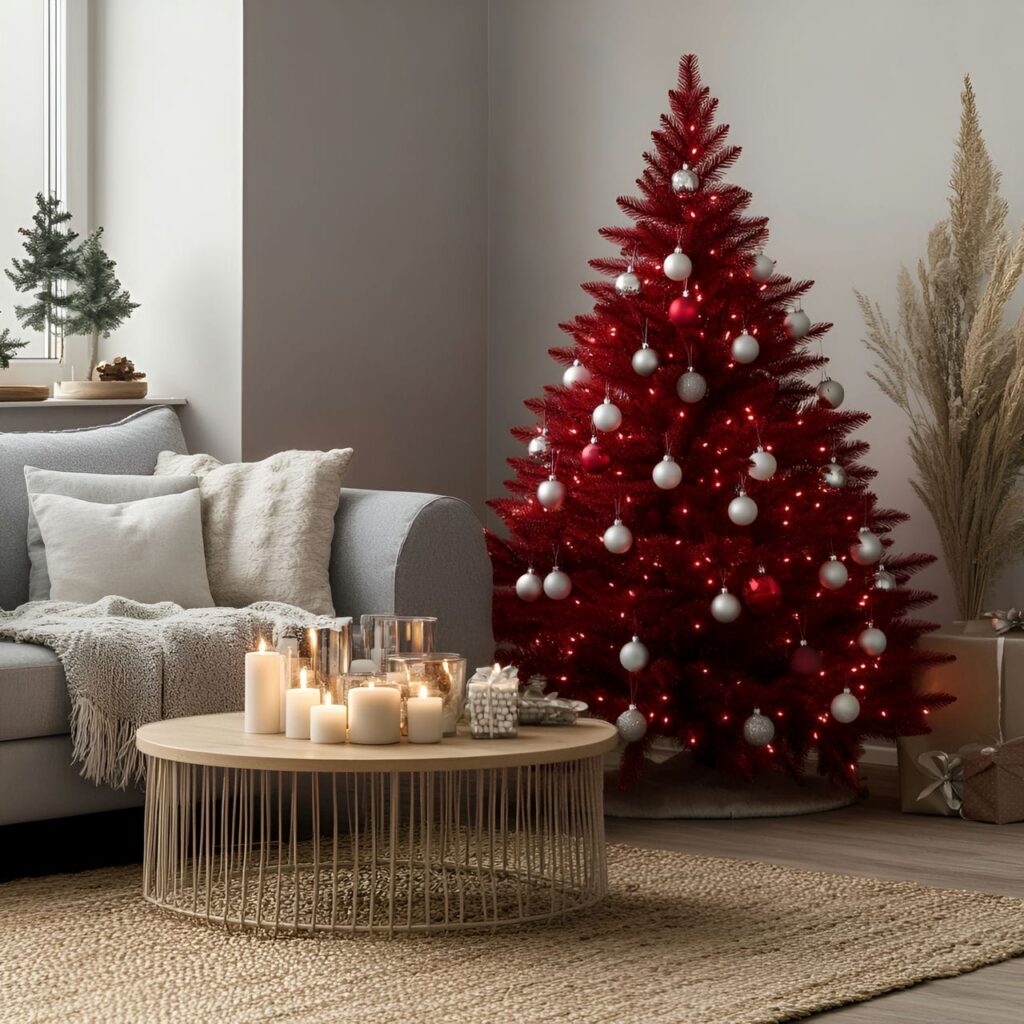 04. Scandinavian Red Tree with White Ornaments and Candles