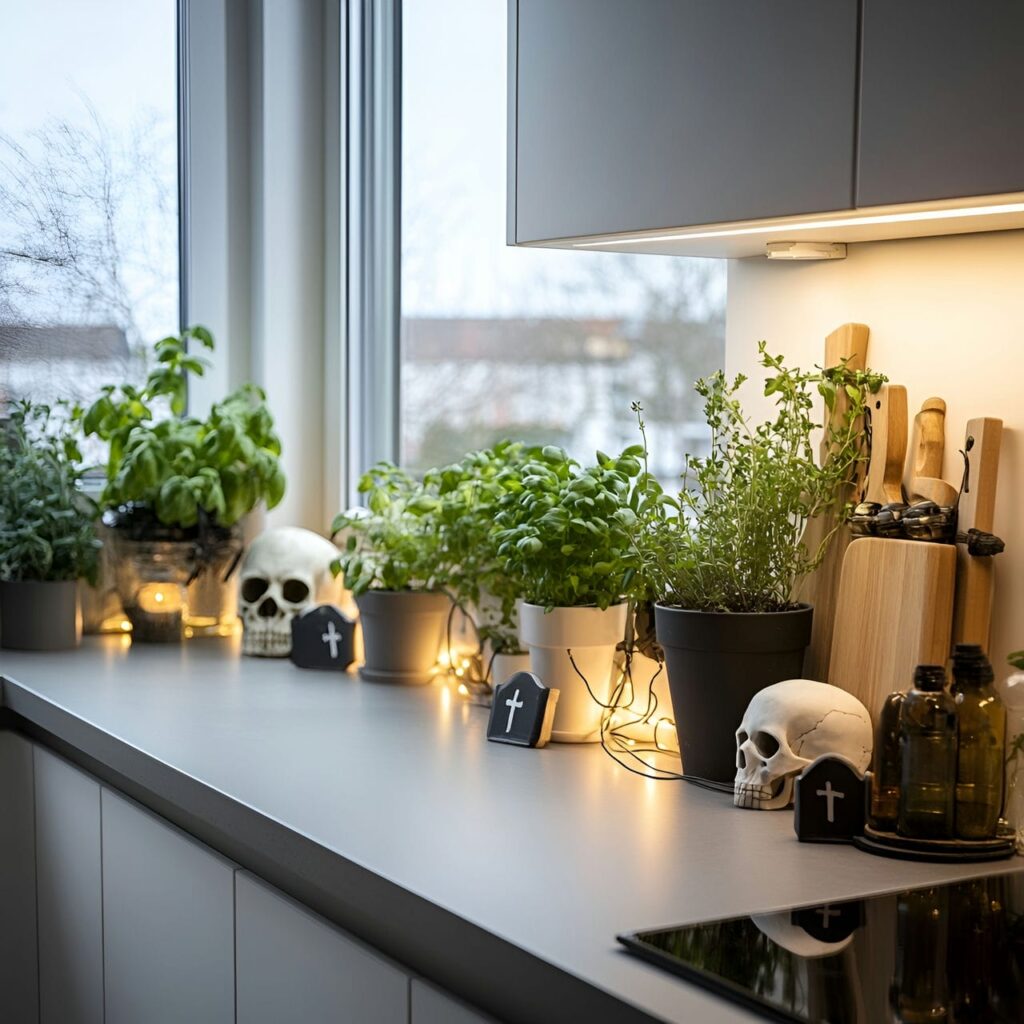 14. Scandinavian Spooky Herb Garden with Fairy Lights and Tombstones