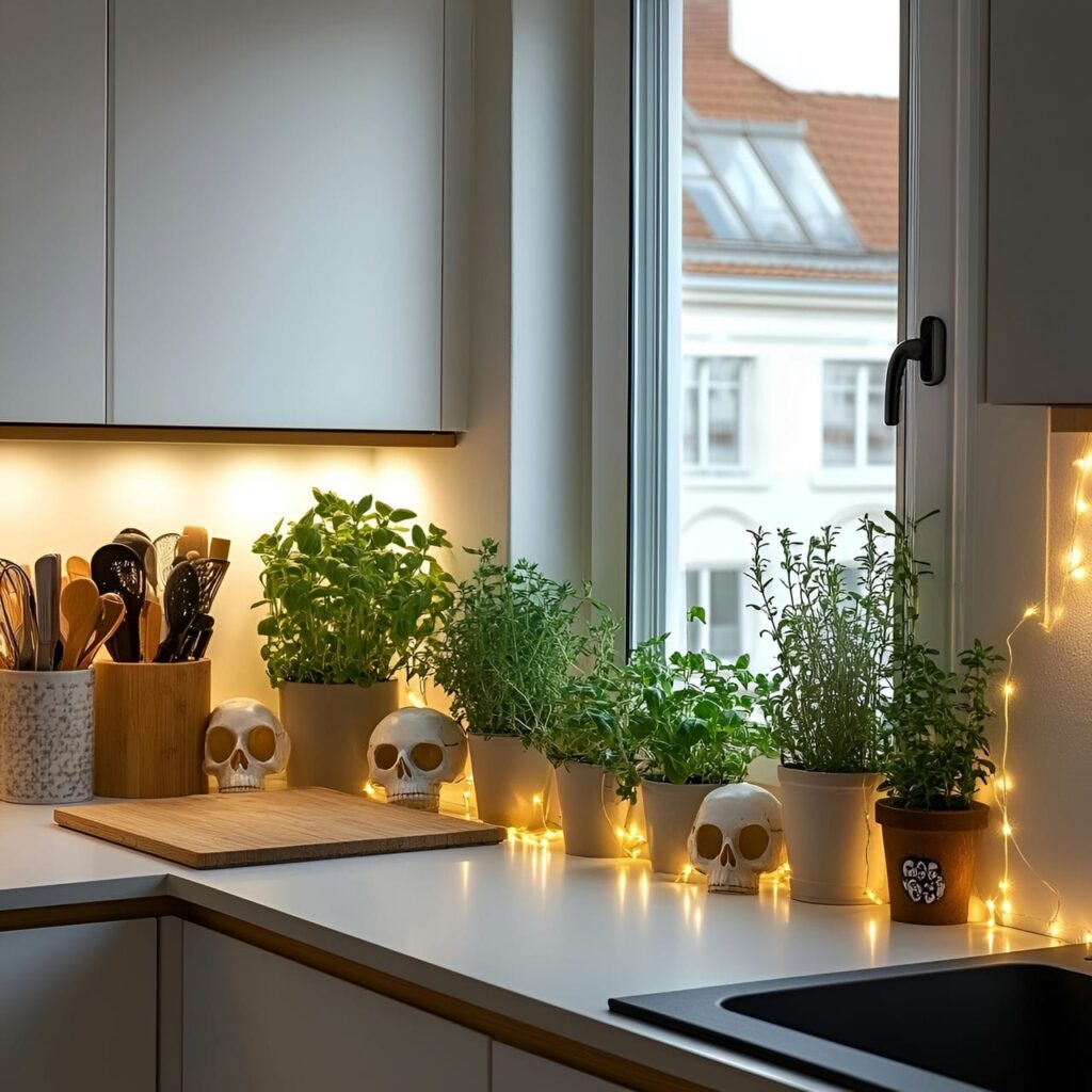 14. Scandinavian Spooky Herb Garden with Fairy Lights and Tombstones