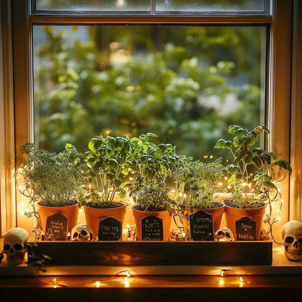 14. Scandinavian Spooky Herb Garden with Fairy Lights and Tombstones