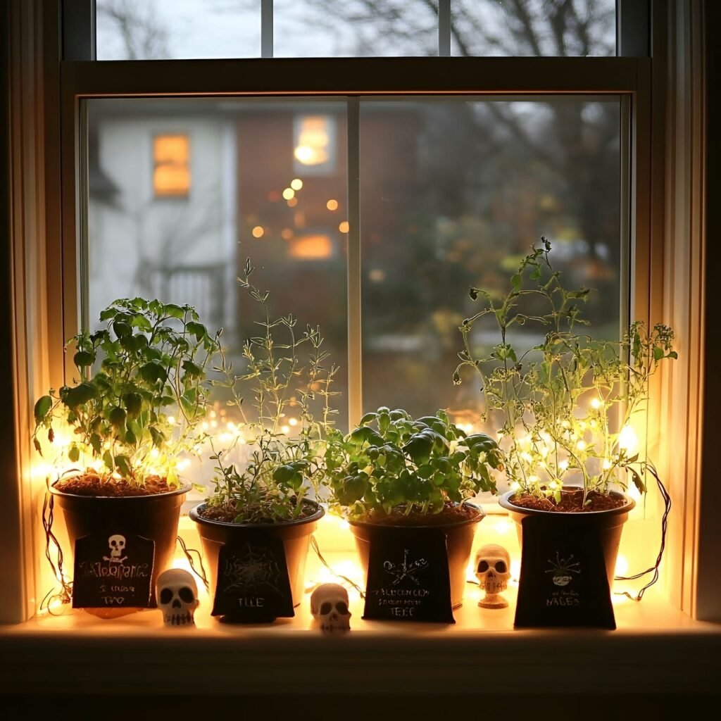 14. Scandinavian Spooky Herb Garden with Fairy Lights and Tombstones