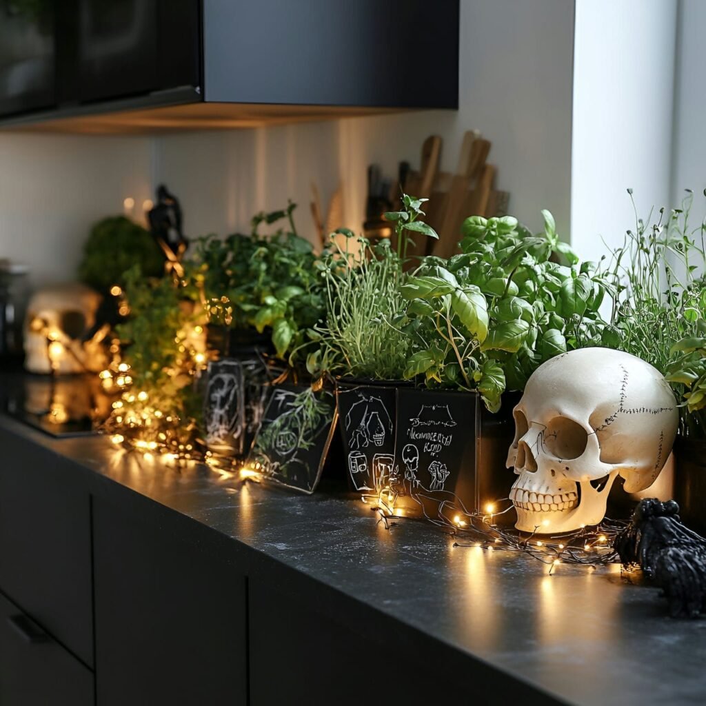 14. Scandinavian Spooky Herb Garden with Fairy Lights and Tombstones