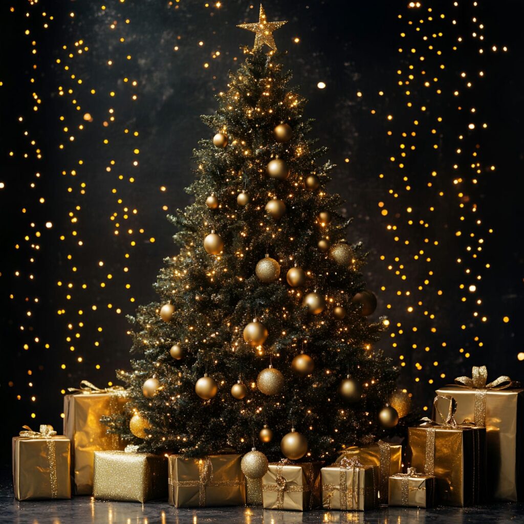 14. Shimmering Gold Christmas Tree with Glitter Ornaments