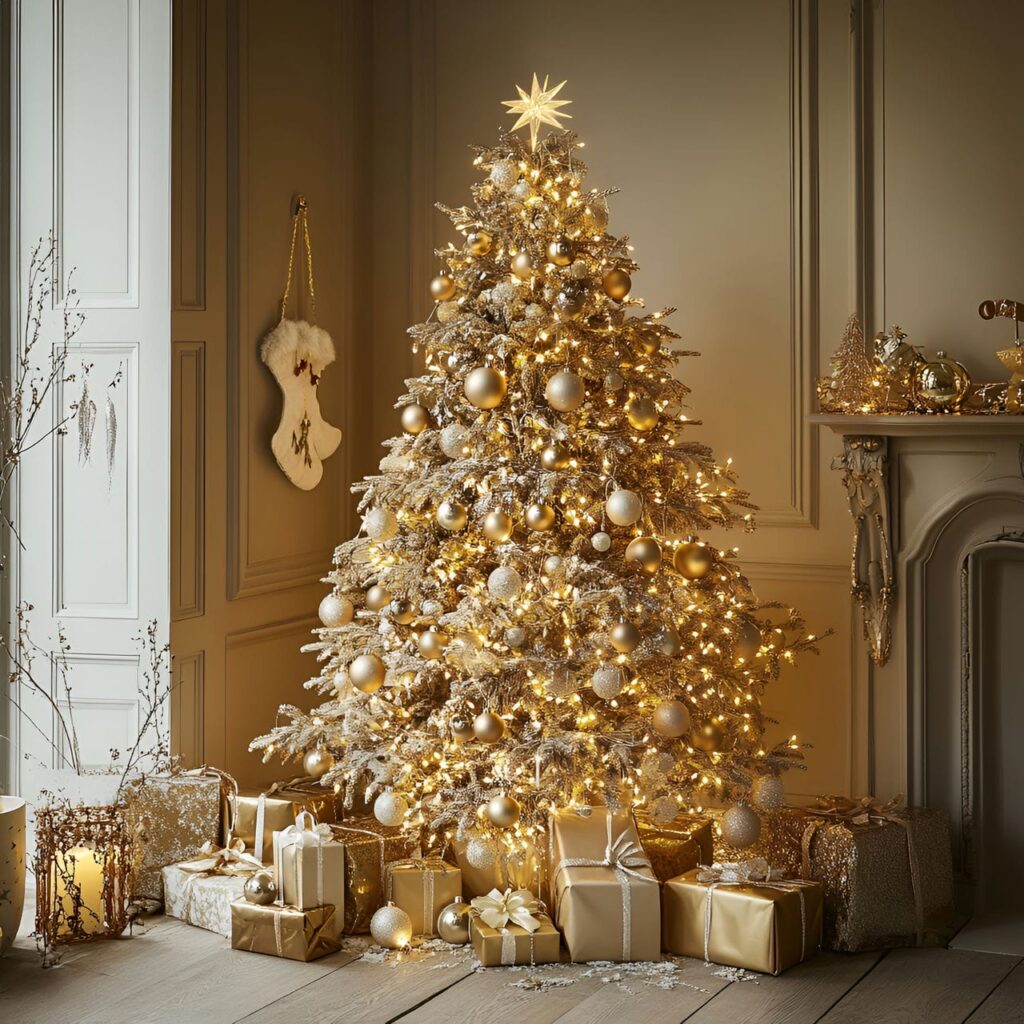 14. Shimmering Gold Christmas Tree with Glitter Ornaments