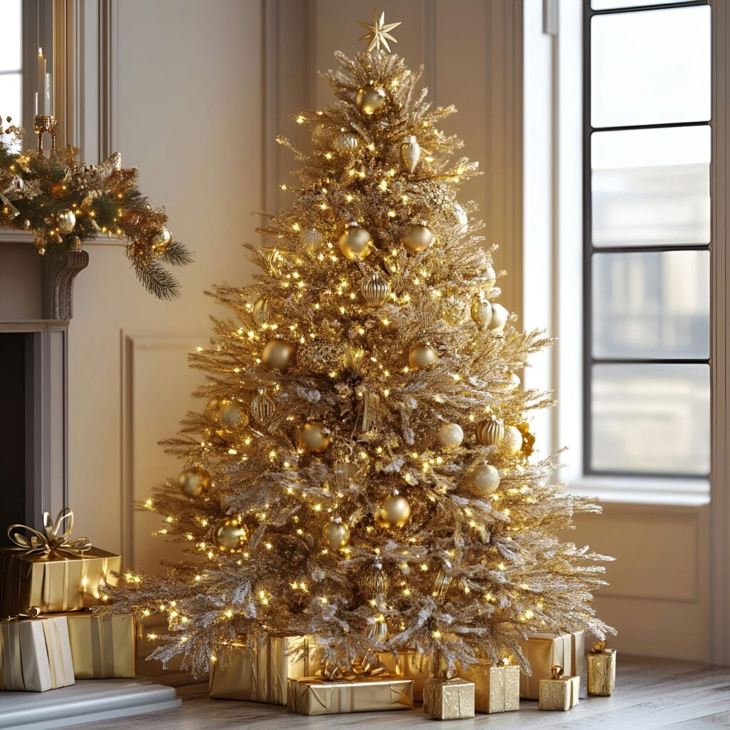 14. Shimmering Gold Christmas Tree with Glitter Ornaments