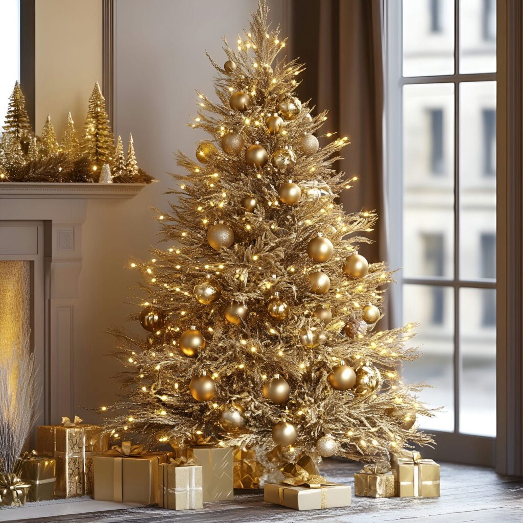 14. Shimmering Gold Christmas Tree with Glitter Ornaments