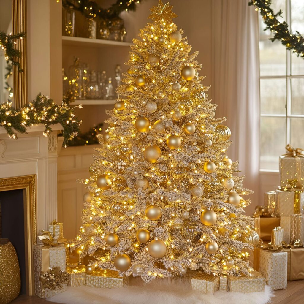 14. Shimmering Gold Christmas Tree with Glitter Ornaments