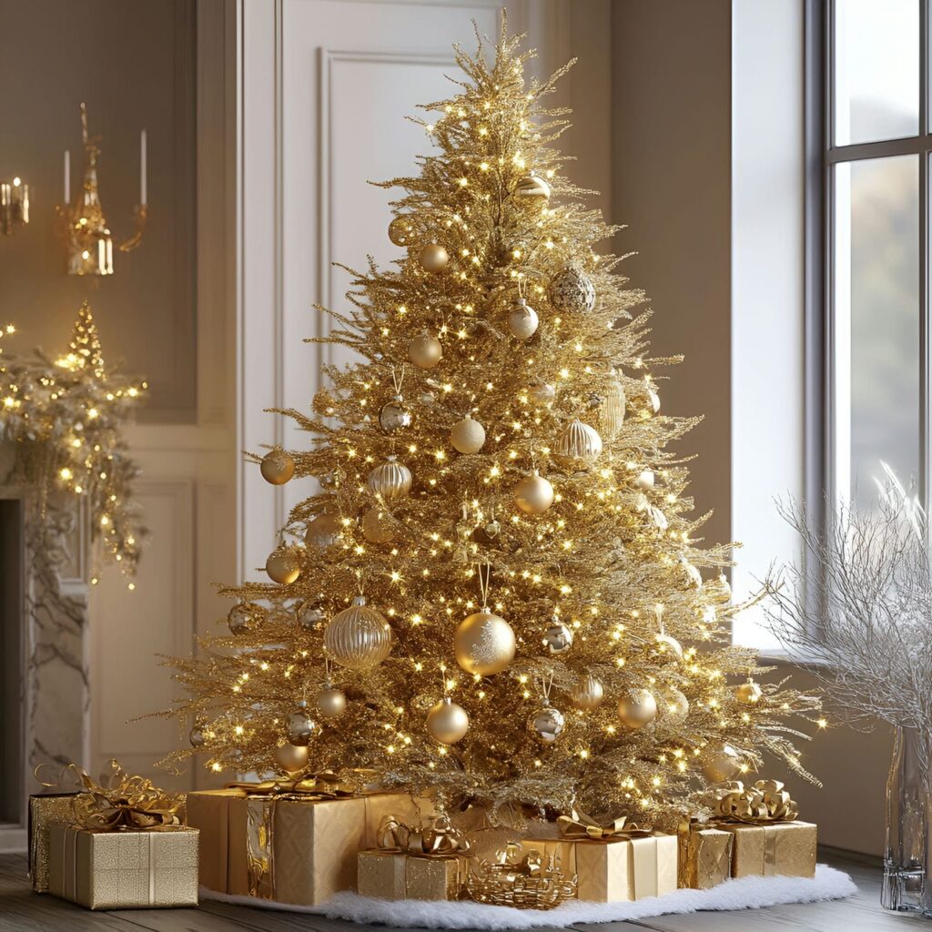 14. Shimmering Gold Christmas Tree with Glitter Ornaments