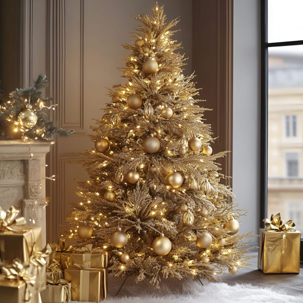 14. Shimmering Gold Christmas Tree with Glitter Ornaments