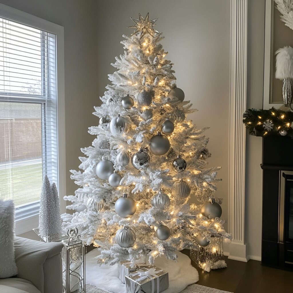 30. Shimmering Silver & White Tree with Glowing Metallic Accents