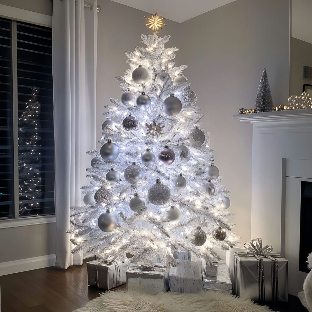 30. Shimmering Silver & White Tree with Glowing Metallic Accents