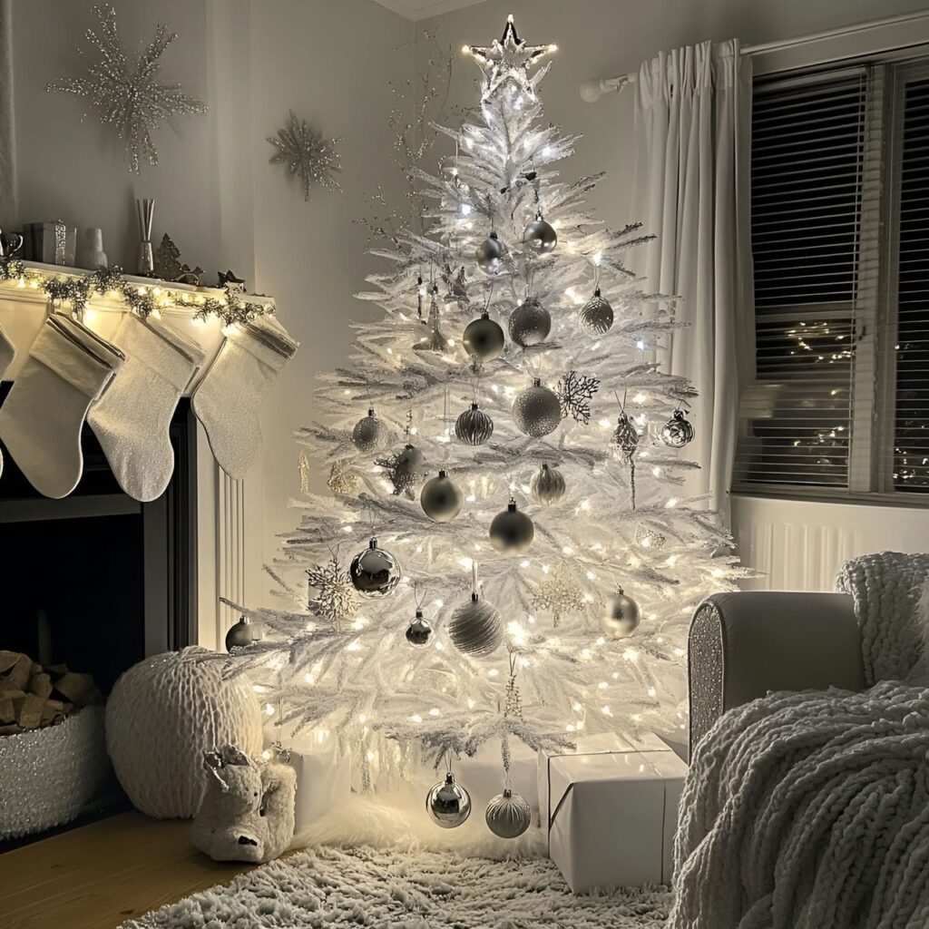 30. Shimmering Silver & White Tree with Glowing Metallic Accents