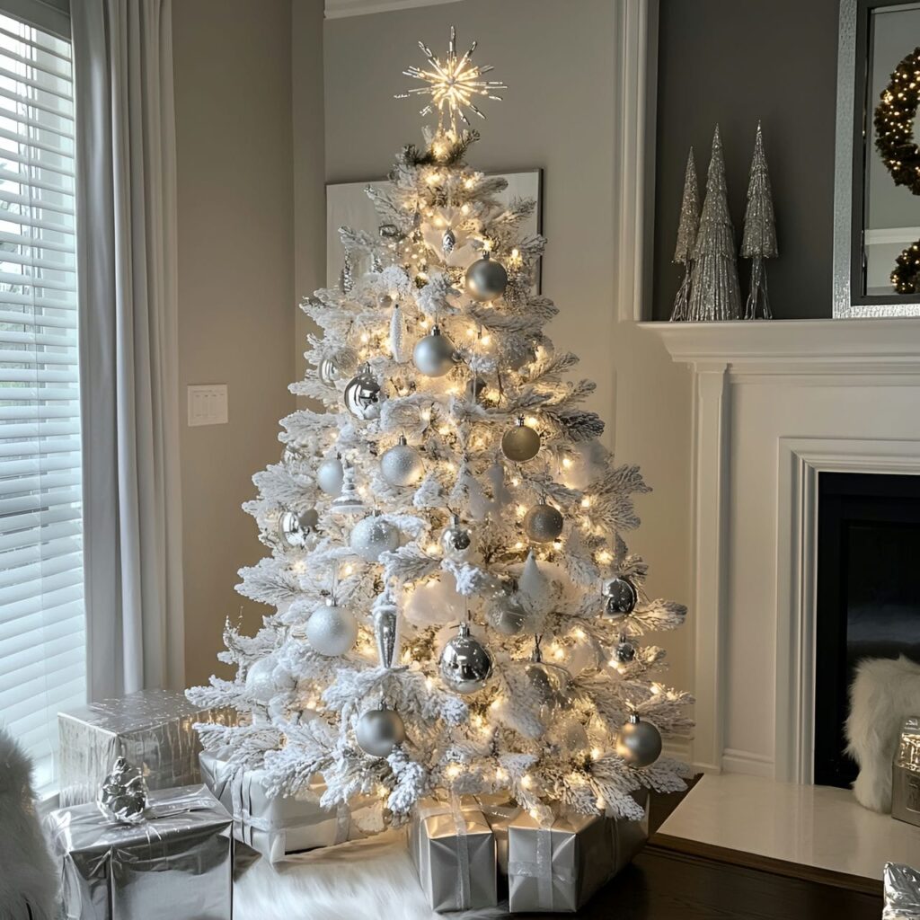 30. Shimmering Silver & White Tree with Glowing Metallic Accents