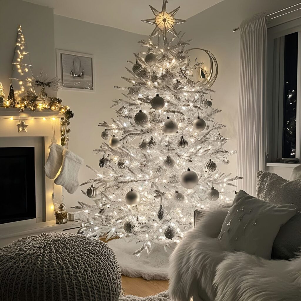 30. Shimmering Silver & White Tree with Glowing Metallic Accents