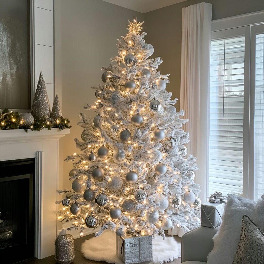 30. Shimmering Silver & White Tree with Glowing Metallic Accents