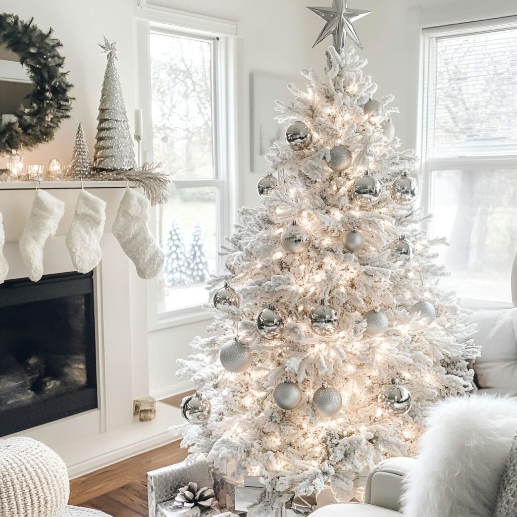 17. Silver-Tipped White Tree with Shimmering Ornaments