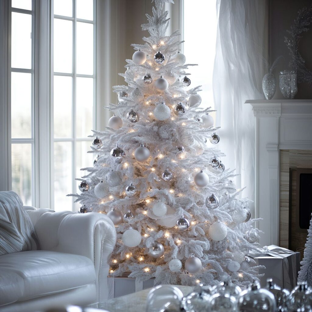 17. Silver-Tipped White Tree with Shimmering Ornaments