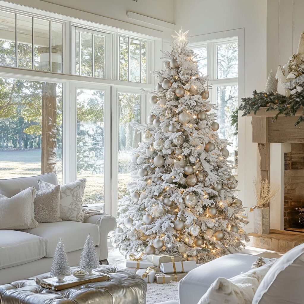 17. Silver-Tipped White Tree with Shimmering Ornaments