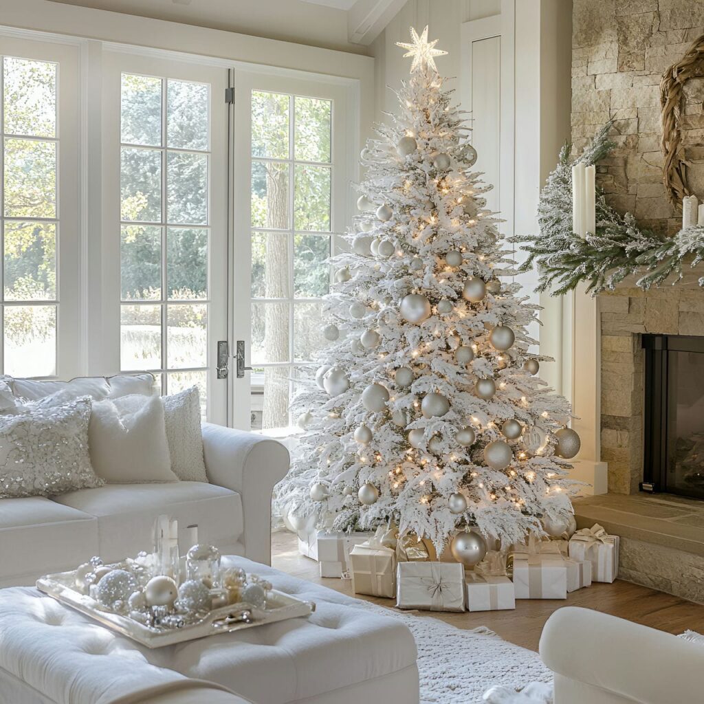 17. Silver-Tipped White Tree with Shimmering Ornaments