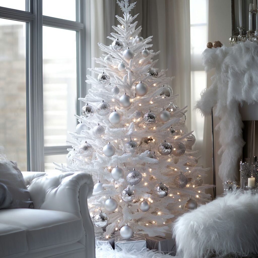 17. Silver-Tipped White Tree with Shimmering Ornaments