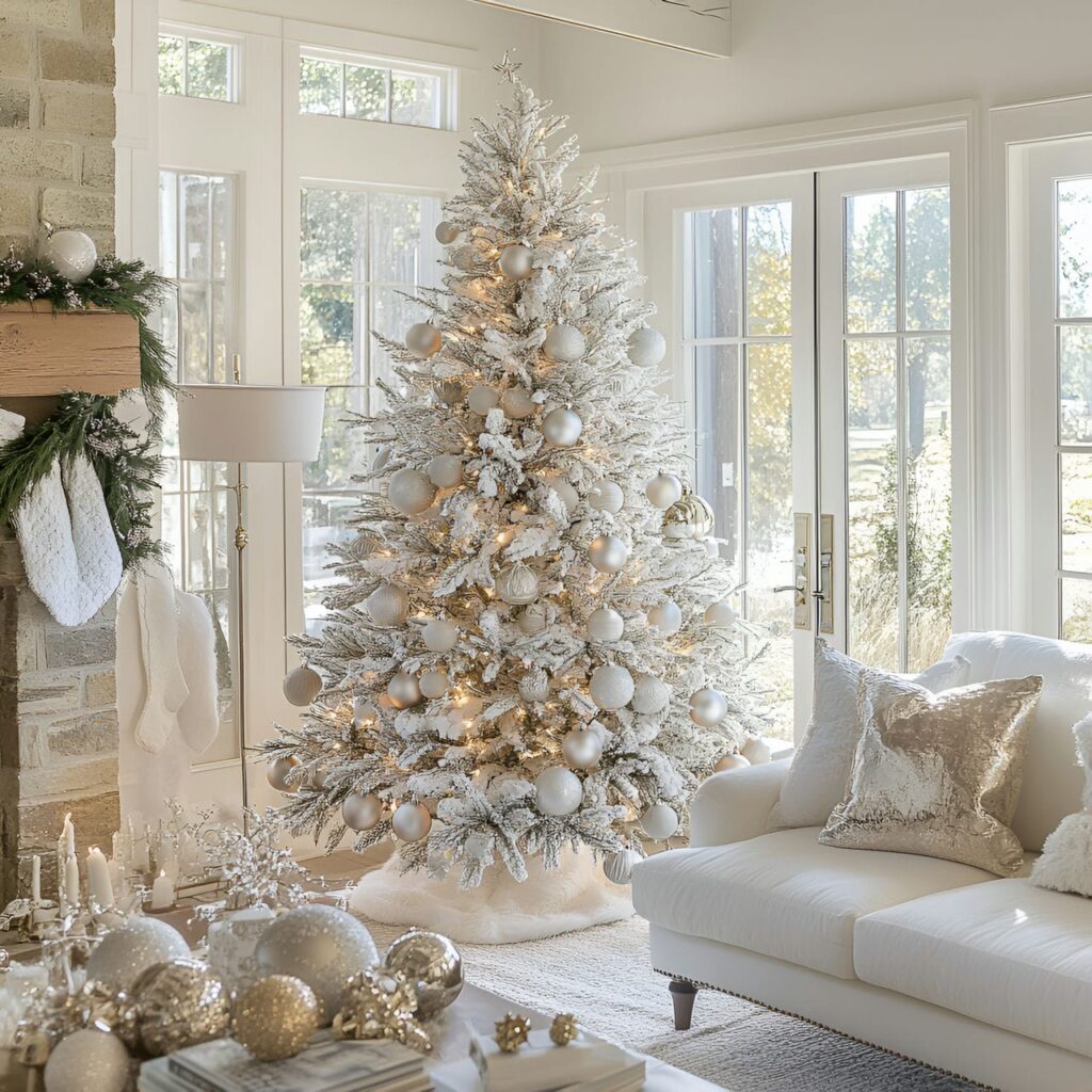 17. Silver-Tipped White Tree with Shimmering Ornaments