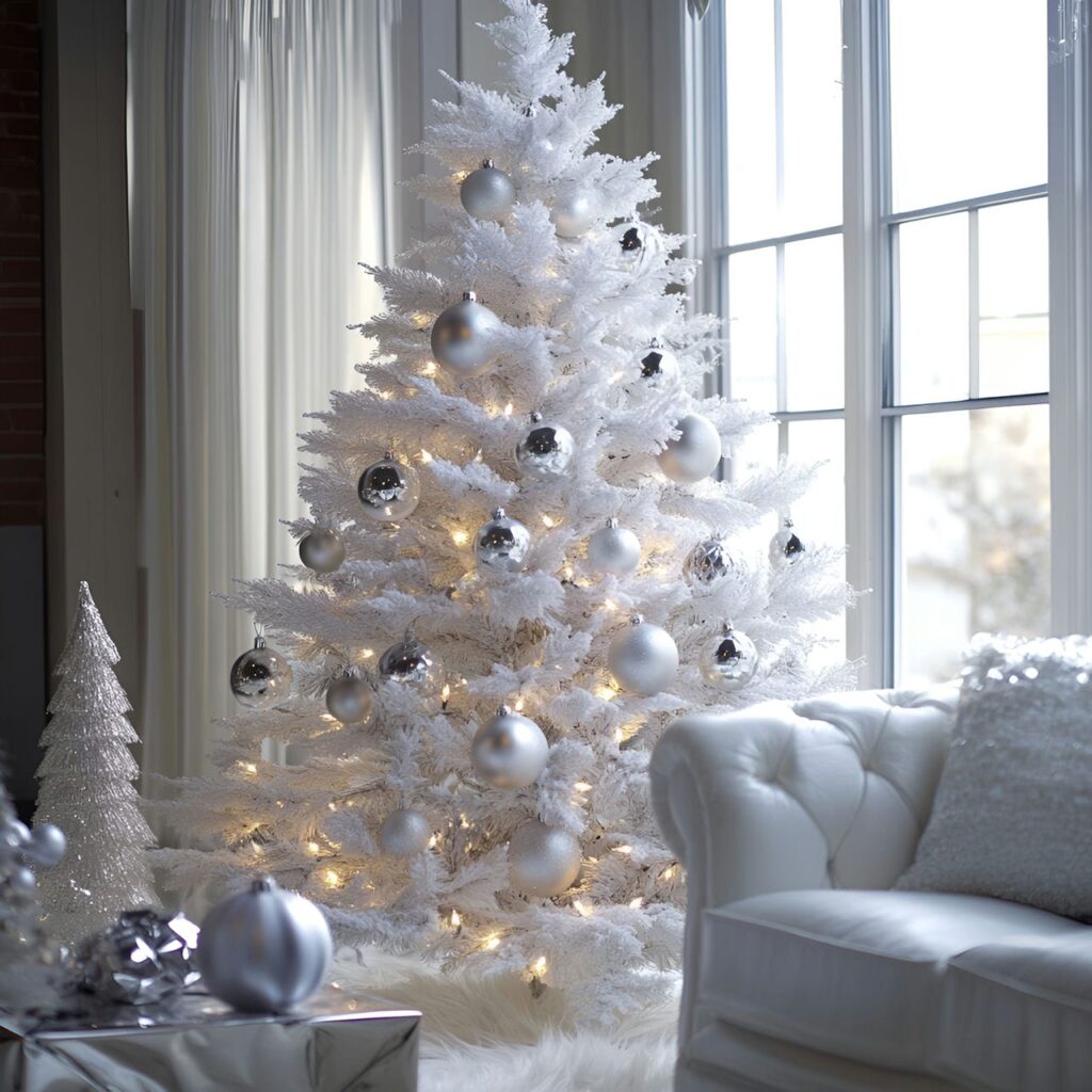 17. Silver-Tipped White Tree with Shimmering Ornaments