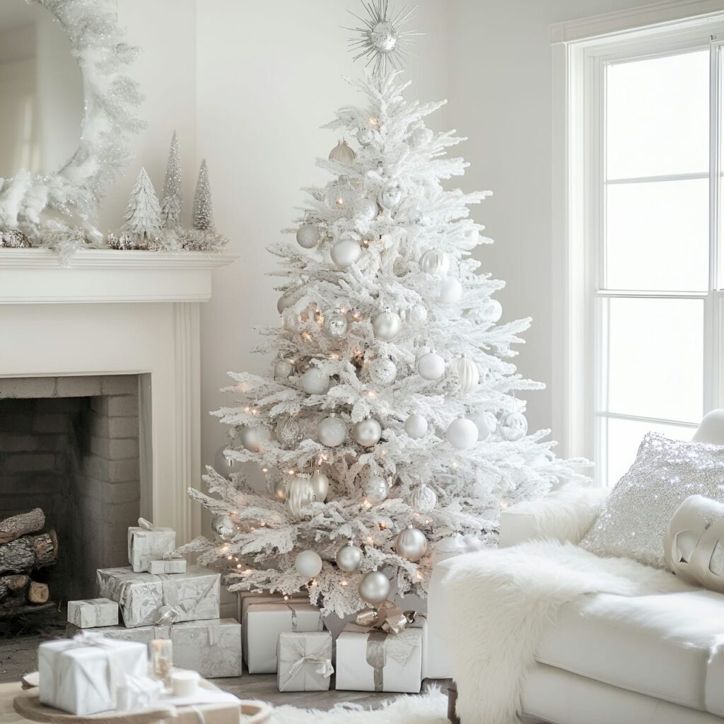 17. Silver-Tipped White Tree with Shimmering Ornaments