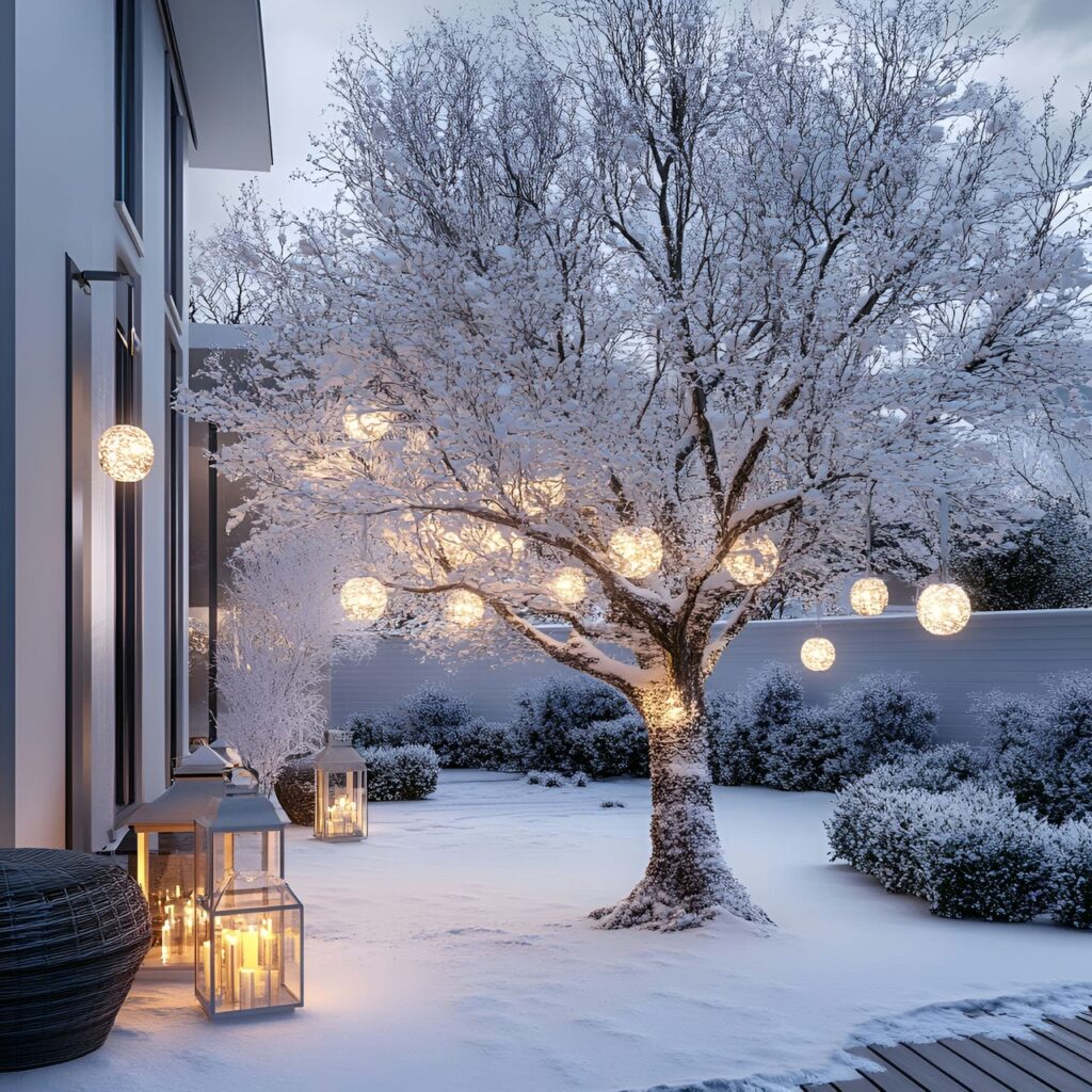 09. Silver & White Outdoor Tree with Lantern Lighting