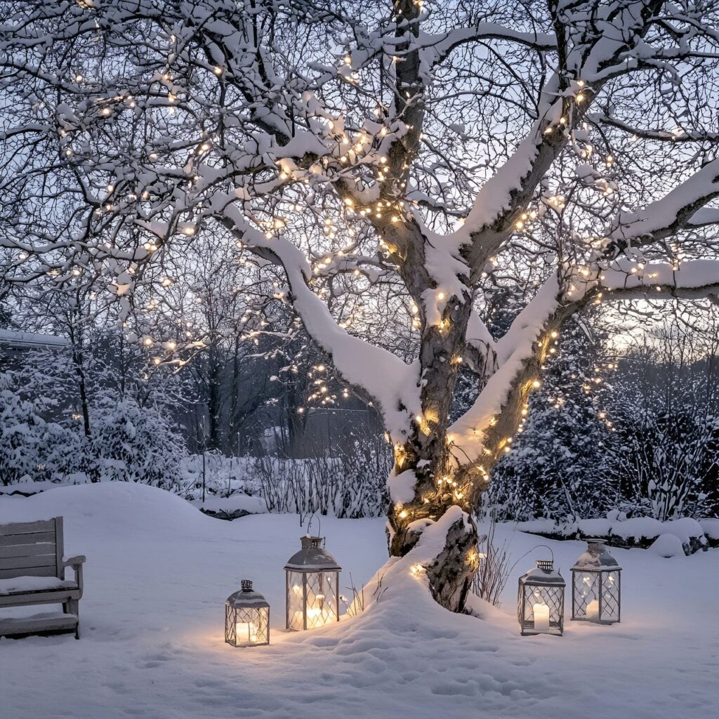 09. Silver & White Outdoor Tree with Lantern Lighting