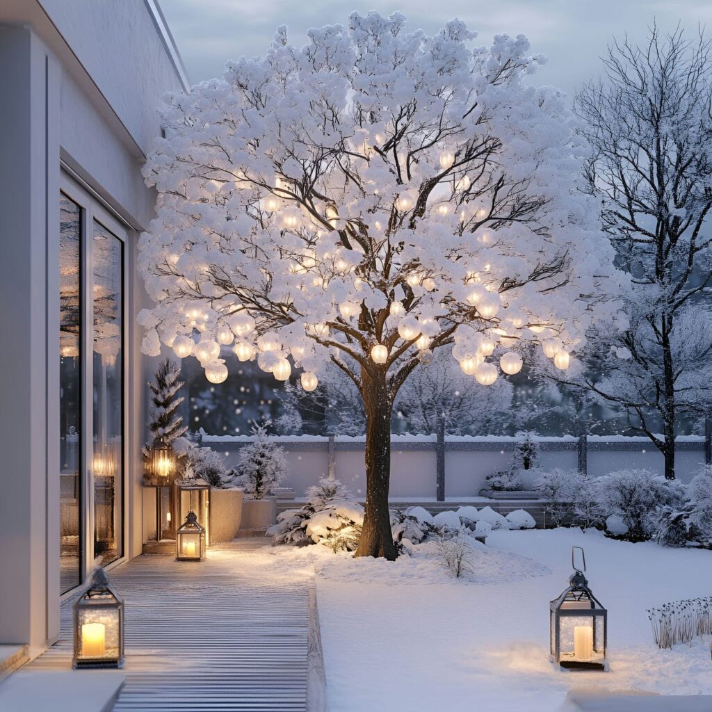 09. Silver & White Outdoor Tree with Lantern Lighting