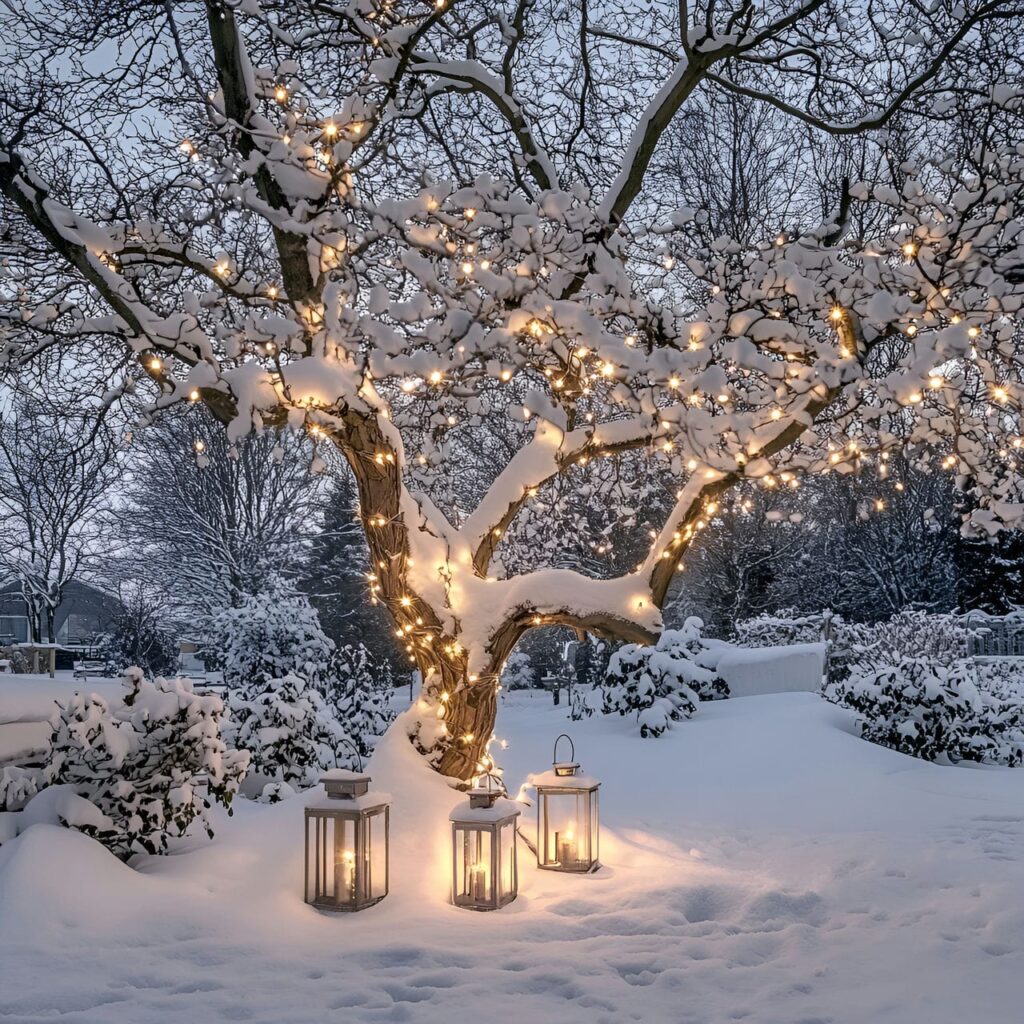 09. Silver & White Outdoor Tree with Lantern Lighting