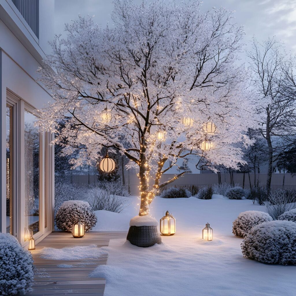 09. Silver & White Outdoor Tree with Lantern Lighting