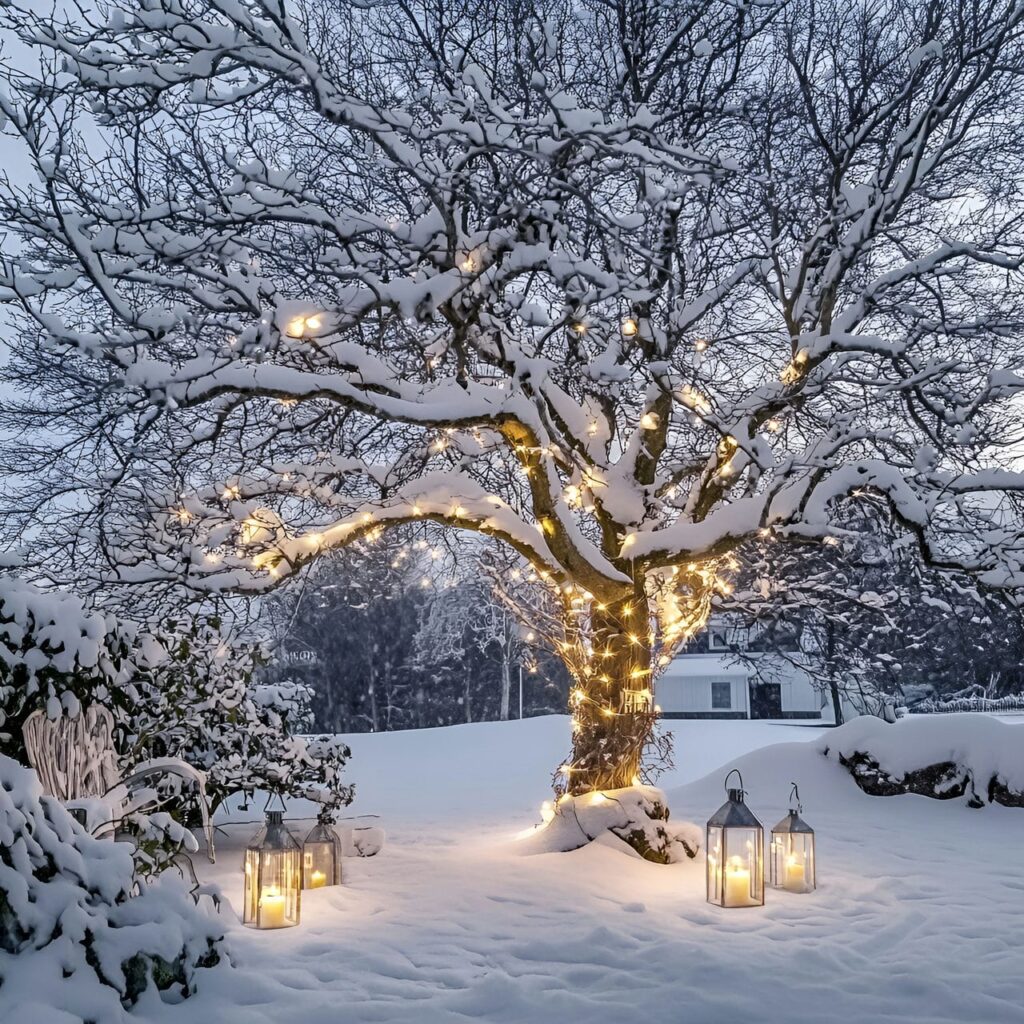 09. Silver & White Outdoor Tree with Lantern Lighting