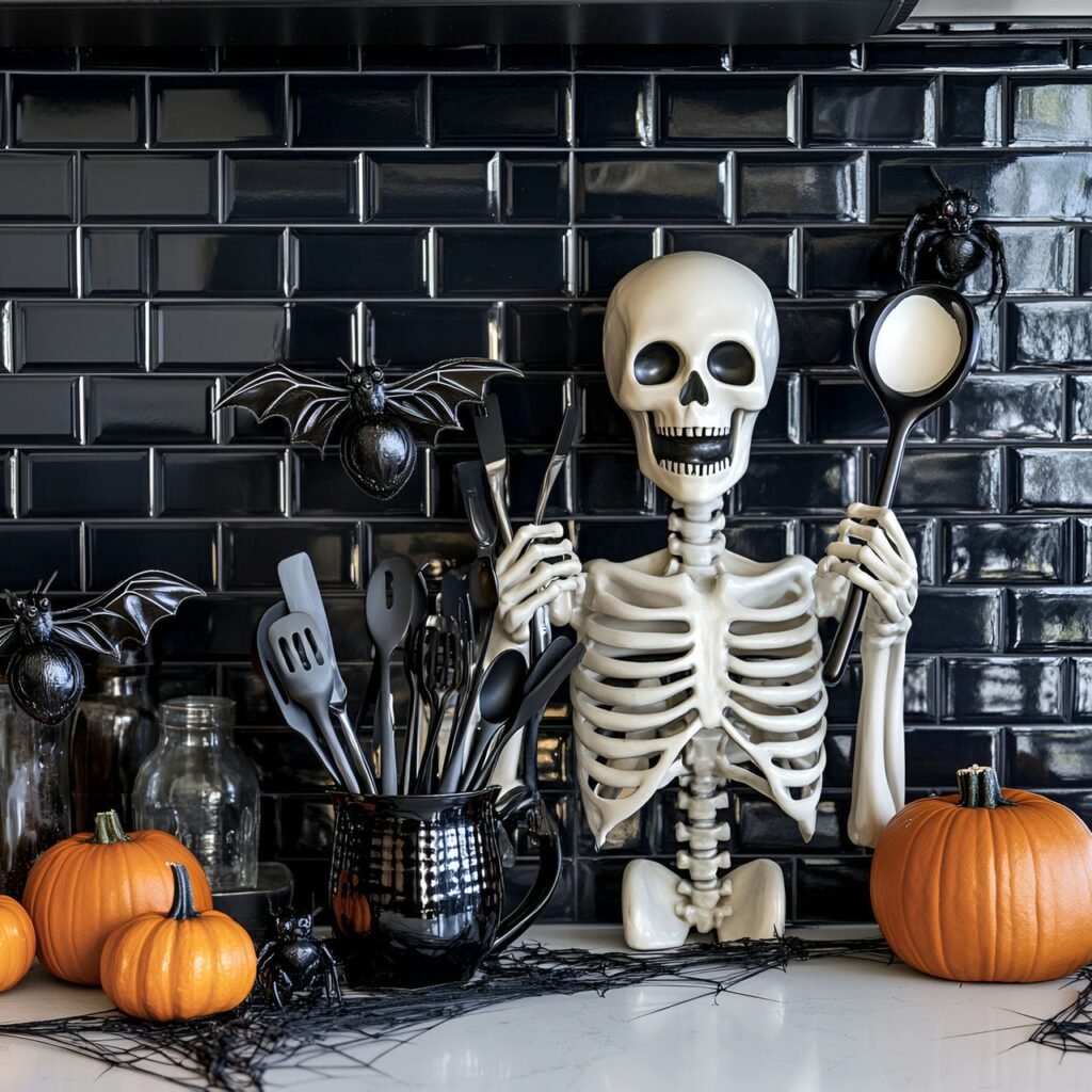 19. Skeleton Butler Utensil Station with Cobwebs and Mini Pumpkins