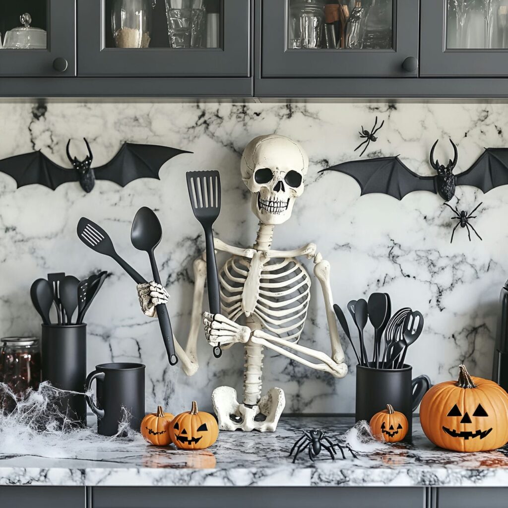 19. Skeleton Butler Utensil Station with Cobwebs and Mini Pumpkins